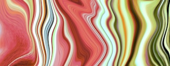 Wavy, fluid-like abstract patterns in shades of red, pink, green, and white create a sense of movement and flow across the image. The design has a psychedelic, marbled texture, with smooth curves and undulating lines that give a sense of rhythm.