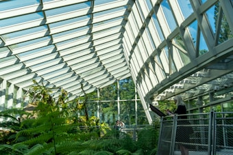 A spacious greenhouse with a large glass roof and walls letting in natural light. Inside, lush green ferns and various plants thrive. A person stands at a podium, possibly giving a presentation or conducting a tour.