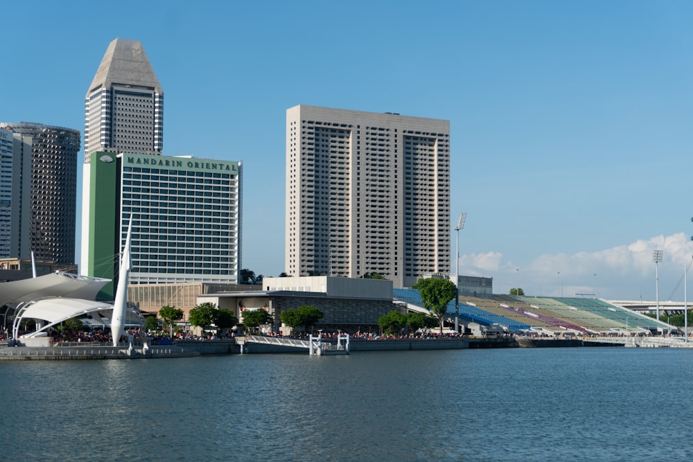 a body of water with a city in the background