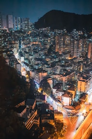 an aerial view of a city at night