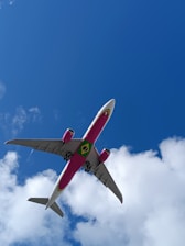 An airplane with a bright pink belly and wing accents flies overhead against a vibrant blue sky. The Brazilian flag is prominently displayed on the lower fuselage. Fluffy white clouds are scattered in the background, adding contrast to the scene.