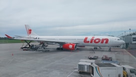 A large white and red commercial airliner is parked on the tarmac at an airport. The airplane is being serviced, with ground support equipment visible nearby, including a cargo loader. A few airport workers can be seen attending to the aircraft, and the background shows a grassy area and part of the airport terminal.