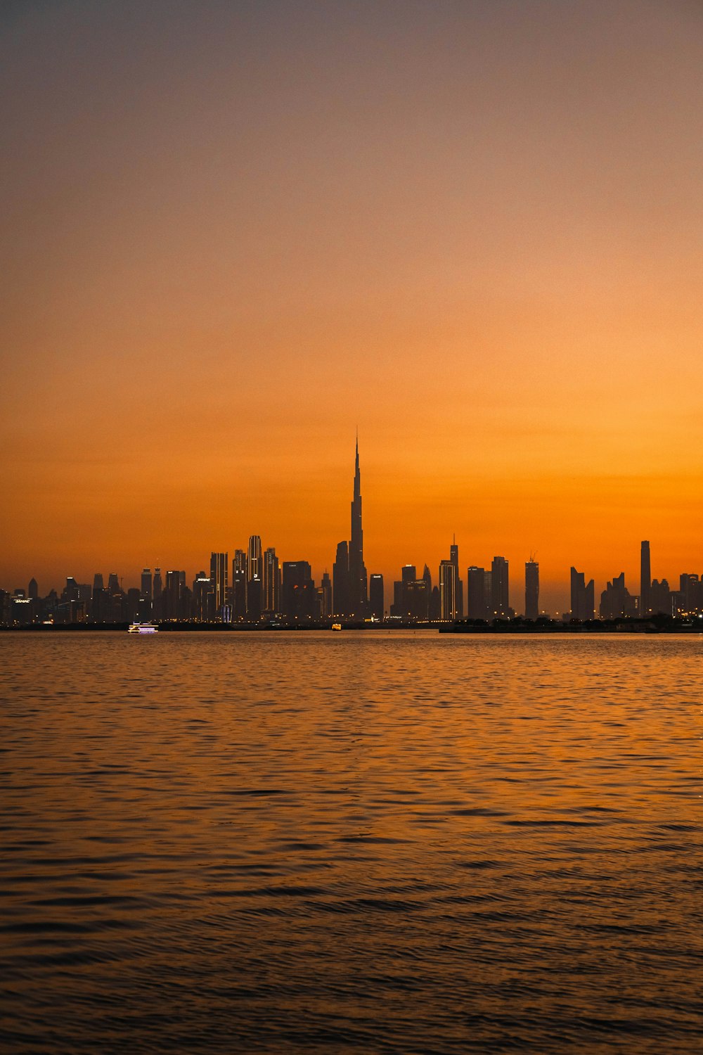 a large body of water with a city in the background