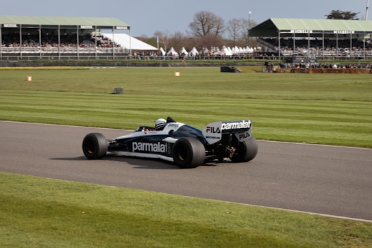 A Formula 1 car is racing along a circuit track with a visible grandstand filled with spectators in the background. The car features branding from various sponsors and is set against a backdrop of green grass and clear skies.