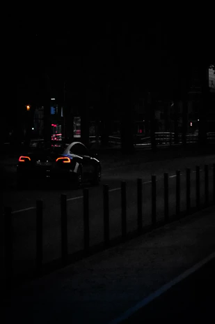 A peaceful evening city street scene with a sleek black VTC car waiting for a female passenger under soft golden streetlights.