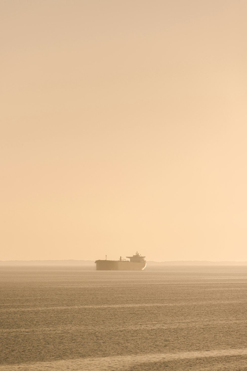 Un gran buque de carga en la distancia en un día de niebla