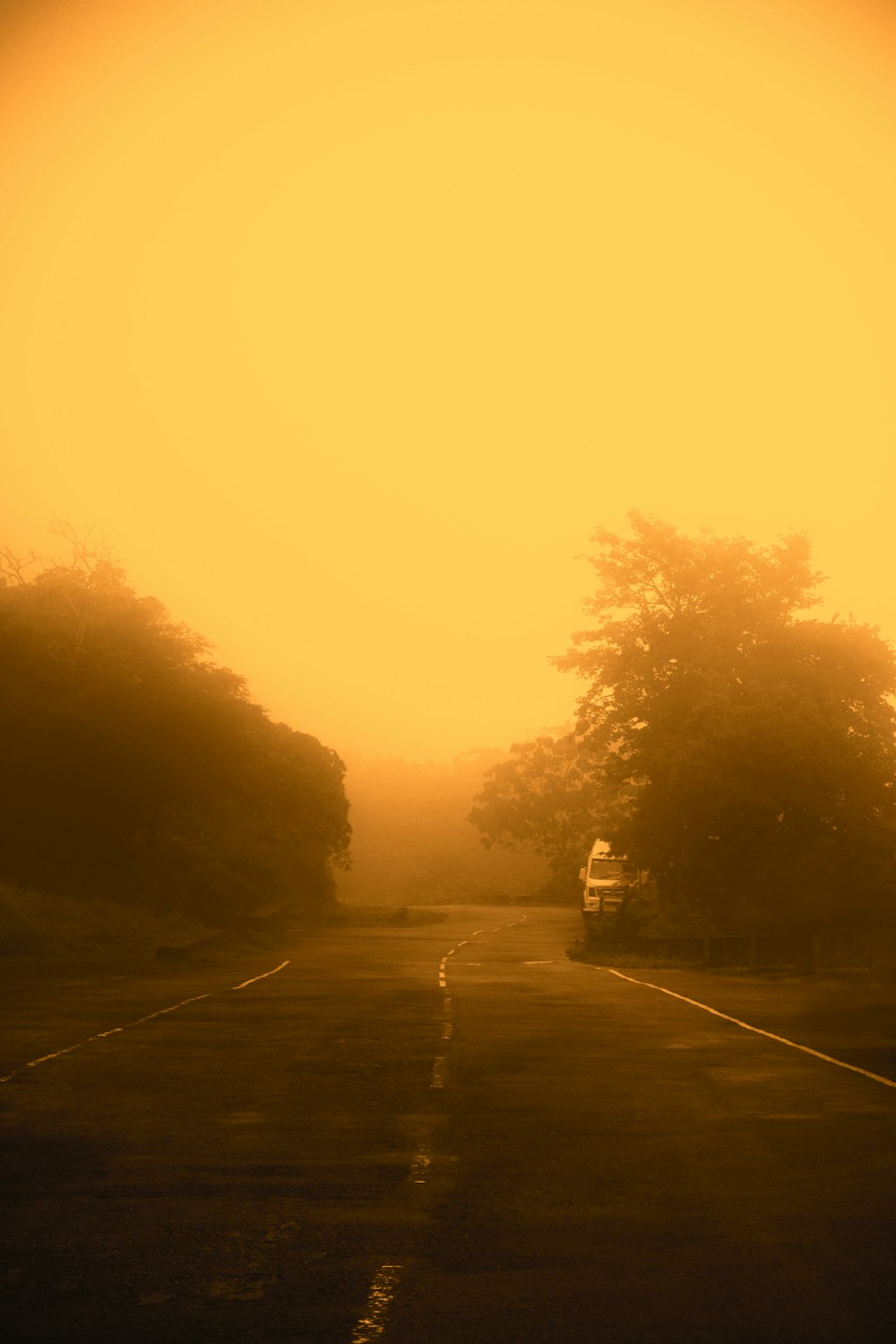 a car driving down a road with trees in the background