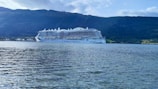 A large white cruise ship sails on calm waters near a mountainous landscape. The ship has multiple decks and distinctive blue wave patterns on its sides. The surrounding scenery includes lush green hills and a partly cloudy sky.