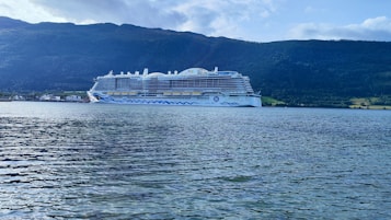 A large white cruise ship sails on calm waters near a mountainous landscape. The ship has multiple decks and distinctive blue wave patterns on its sides. The surrounding scenery includes lush green hills and a partly cloudy sky.