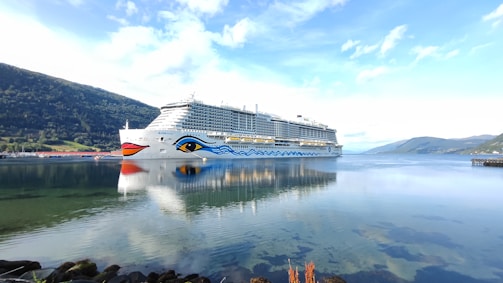 A large cruise ship with distinctive eye-like designs on the side sails through a calm body of water, reflecting its image perfectly. Surrounding the vessel are serene mountain landscapes under a clear blue sky.