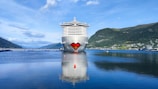A large cruise ship is docked in a calm, scenic fjord with mountains in the background. The ship has a distinctive painted design resembling a smiling face with lips at the bow. The clear water reflects the ship and the sky, contributing to a serene atmosphere.