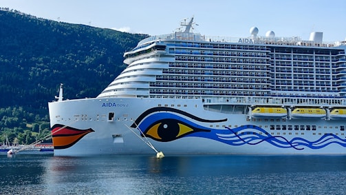 A large cruise ship with a colorful design on its hull, featuring an eye and abstract blue and red patterns. The ship is docked in a calm body of water, surrounded by lush green hills under a clear blue sky.