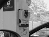 A weathered container mounted on a post, labeled 'Disposable Gloves,' is in focus. The sign is peeling and surrounded by a notice about CCTV surveillance. The scene is in grayscale, likely in an outdoor setting, with blurred trees in the background and part of a vehicle's side mirror visible.