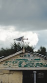 A weathered and peeling roof of a small structure featuring a rusty metal weather vane on top, set against a backdrop of cloudy skies. The roof has faded green and yellow paint, giving it an aged appearance.