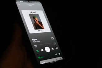A smartphone screen displaying a music player application with an album cover. The album cover features a silhouette of a person with a hand covering part of their face. The song 'Nights' by Frank Ocean is playing, and the background is dark, highlighting the vibrant screen.