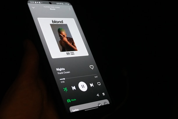 A smartphone screen displaying a music player application with an album cover. The album cover features a silhouette of a person with a hand covering part of their face. The song 'Nights' by Frank Ocean is playing, and the background is dark, highlighting the vibrant screen.