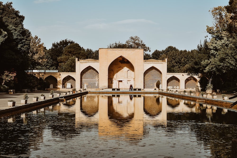 a reflection of a building in the water