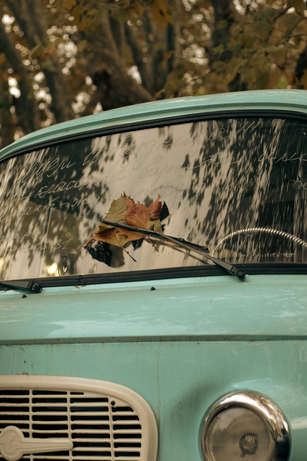 a blue car with a leaf on the windshield