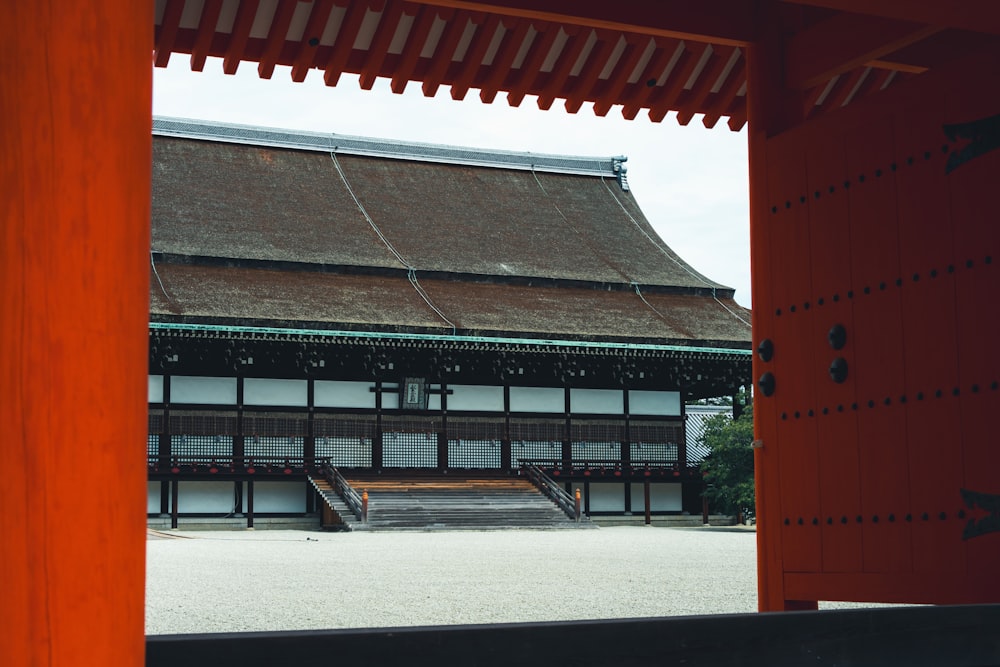 a view of a building through a doorway