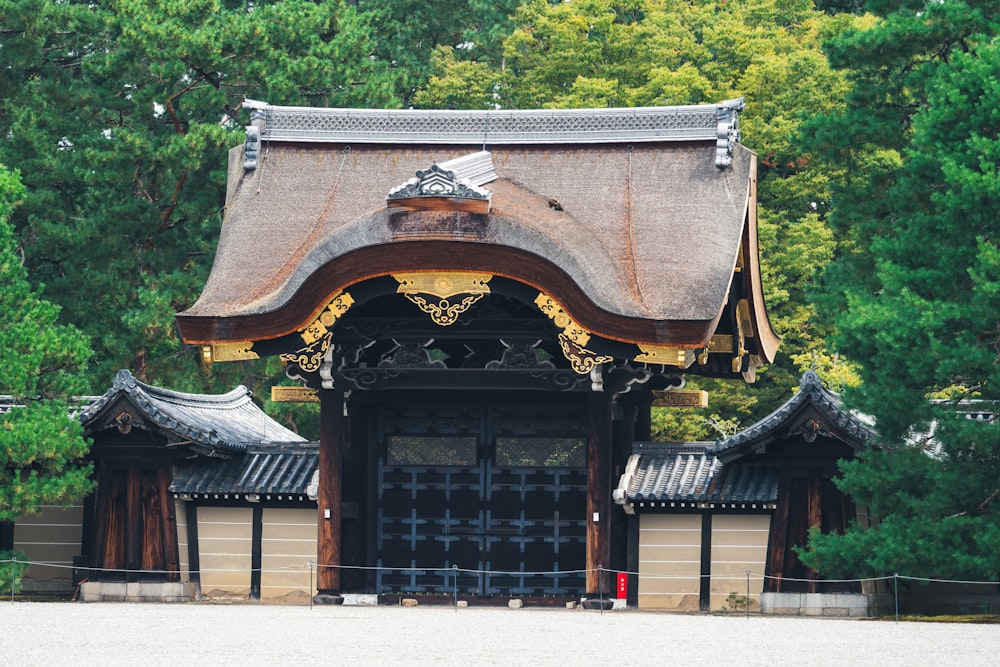 a person standing in front of a building with a thatched roof