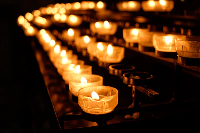 Artisan candles flickering gently in elegant black and gold holders, casting a warm glow on a sleek surface.
