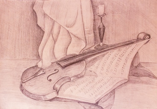 A pencil sketch depicting a beautifully drawn violin resting on a sheet of music with an elegant candelabra nearby. The delicate shading and intricate details of the musical notes create a serene and classical atmosphere.