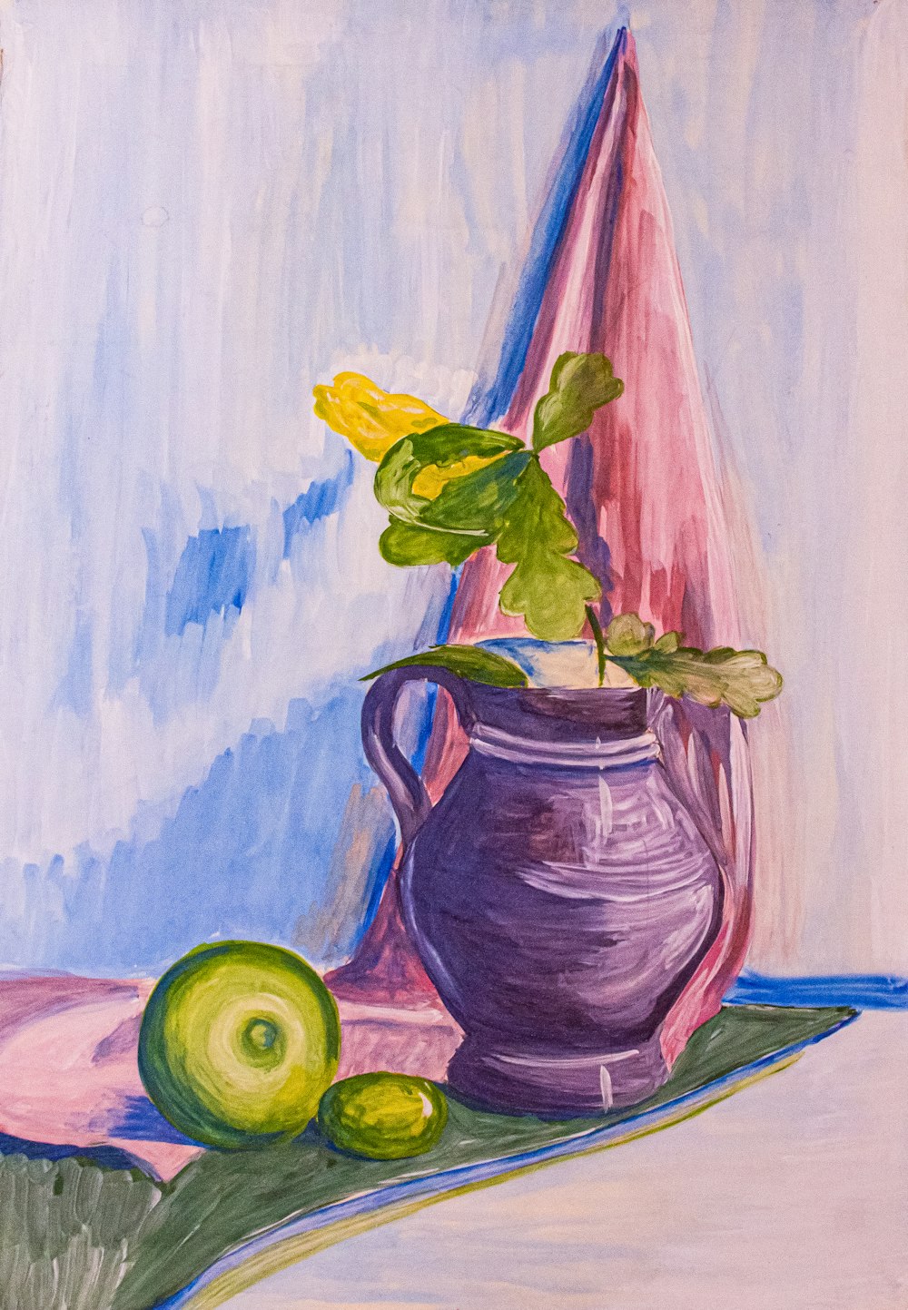 Una pintura de un jarrón con una planta en él