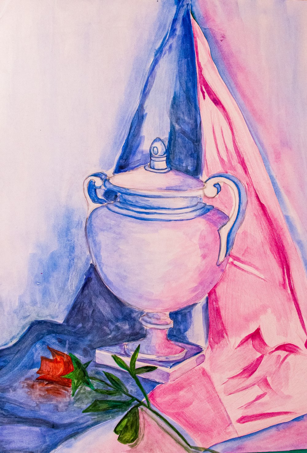 Una pintura de una olla y una rosa sobre una mesa