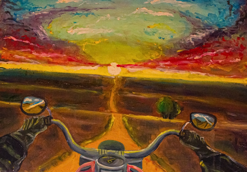 a painting of a motorcycle riding down a road