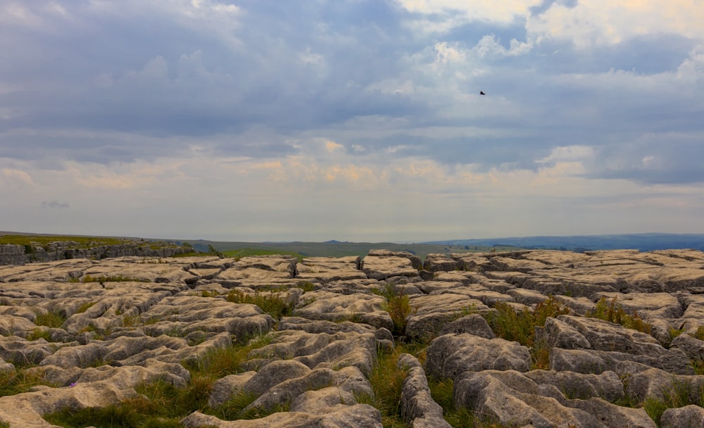 a bird flying over a rocky landscape under a cloudy sky