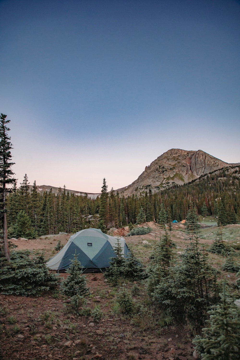 a tent in the middle of a forest with a mountain in the background