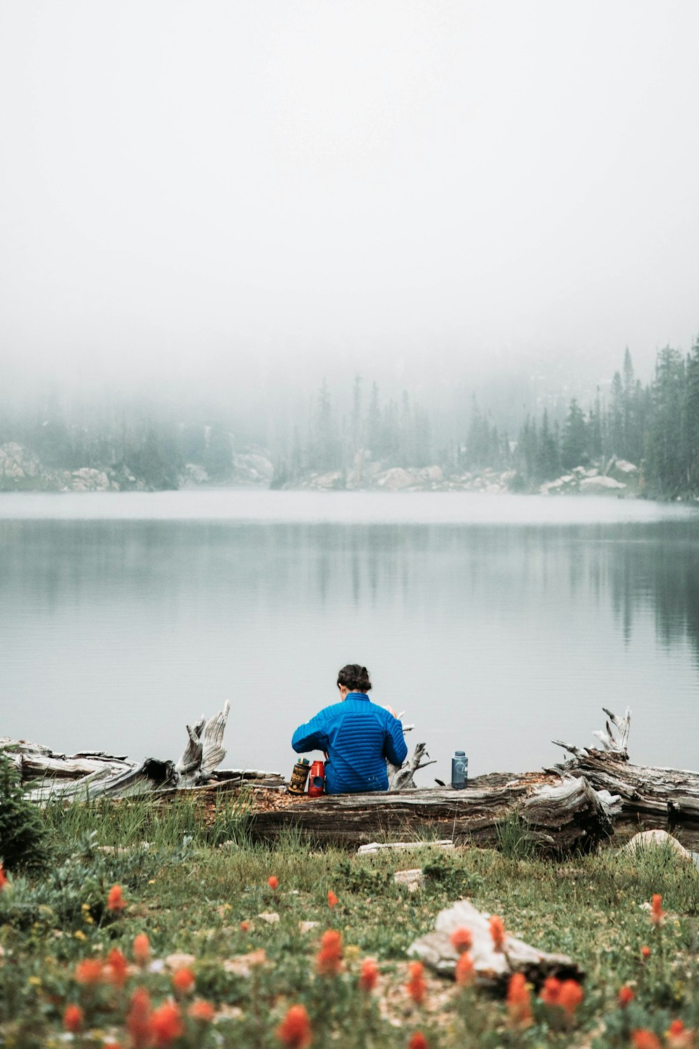 a person sitting on a log in front of a lake