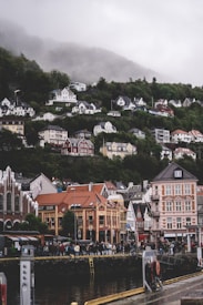 A coastal town with colorful, traditional-style buildings is nestled against a lush hillside shrouded in mist. The street is bustling with people walking and gathering in front of the buildings. The architecture features vibrant facades, ornate designs, and gabled roofs, while a body of water is visible in the foreground.