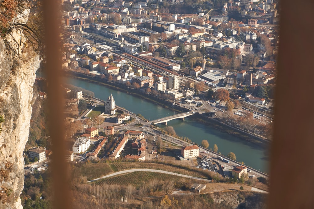 an aerial view of a city and a river