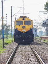 A yellow and black train locomotive is positioned on train tracks, surrounded by various power lines and poles. The locomotive bears the label 'Tughlakabad' and has numbers and letters displayed on the front. The background features trees and possibly a station platform, with green foliage on either side of the tracks.