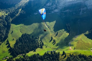 Paragliders soaring peacefully over the sunlit valley with the Ganges river winding below