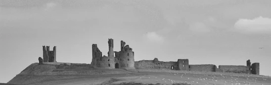A serene black and white photo of an ancient castle ruin bathed in soft morning light.