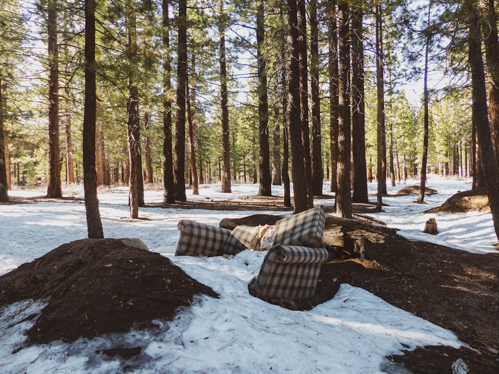 a person laying on a pile of snow in the woods