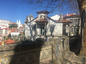 A picturesque street shows a charming building with traditional Portuguese architecture, featuring ornate tiles and a tiled roof. The building is surrounded by densely packed houses with red roofs, set under a clear blue sky. Leafless branches of a tree cast intricate shadows on the building, enhancing its aesthetic appeal.