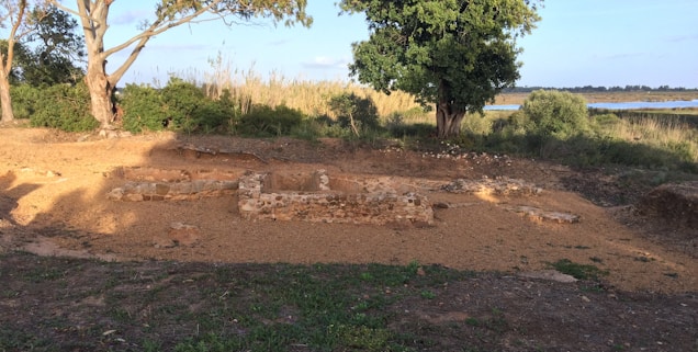 A serene landscape featuring ancient stone foundations partially embedded in the earth. The site is surrounded by trees, shrubs, and a grassy foreground. A light blue sky and a distant water body enhance the natural setting.