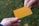 Two hands are exchanging a plain orange rectangular card against a blurred green background. The card is centrally positioned, held by fingers from each hand.