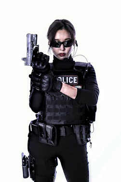 A calm, focused law enforcement officer receiving coaching in a professional setting.