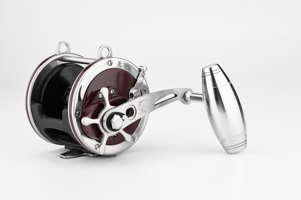 A metallic fishing reel with a polished, shiny surface. It features a crank handle and precision-engineered components, combining both functionality and aesthetics. The reel has an elegant and modern design.