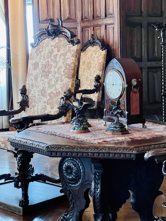 a table with a clock on top of it