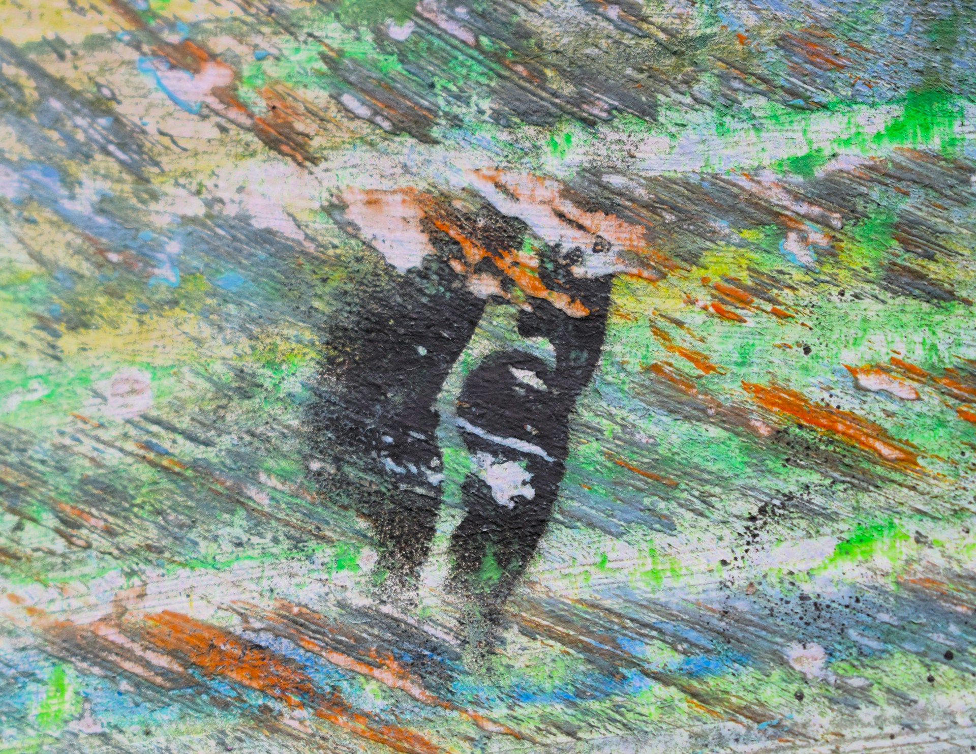 Abstract painting featuring vibrant streaks of green, orange, and white across a textured canvas. The composition includes a central black and white form that may resemble an abstract figure. The colors and brushstrokes create a sense of dynamic movement and energy.