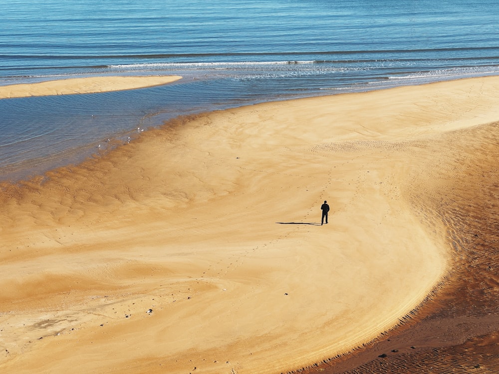 a person standing on a beach near the ocean