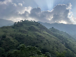 Rolling green hills bathed in the soft morning sun.