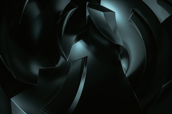 A digital artwork featuring abstract, curved shapes with a glossy finish, rendered in dark tones and illuminated by subtle highlights. The composition suggests depth and movement, with overlapping forms creating a sense of complexity.
