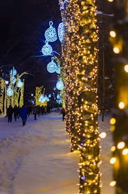 Snow gently falling over a warmly decorated pathway lined with twinkling lights and joyful holiday displays.