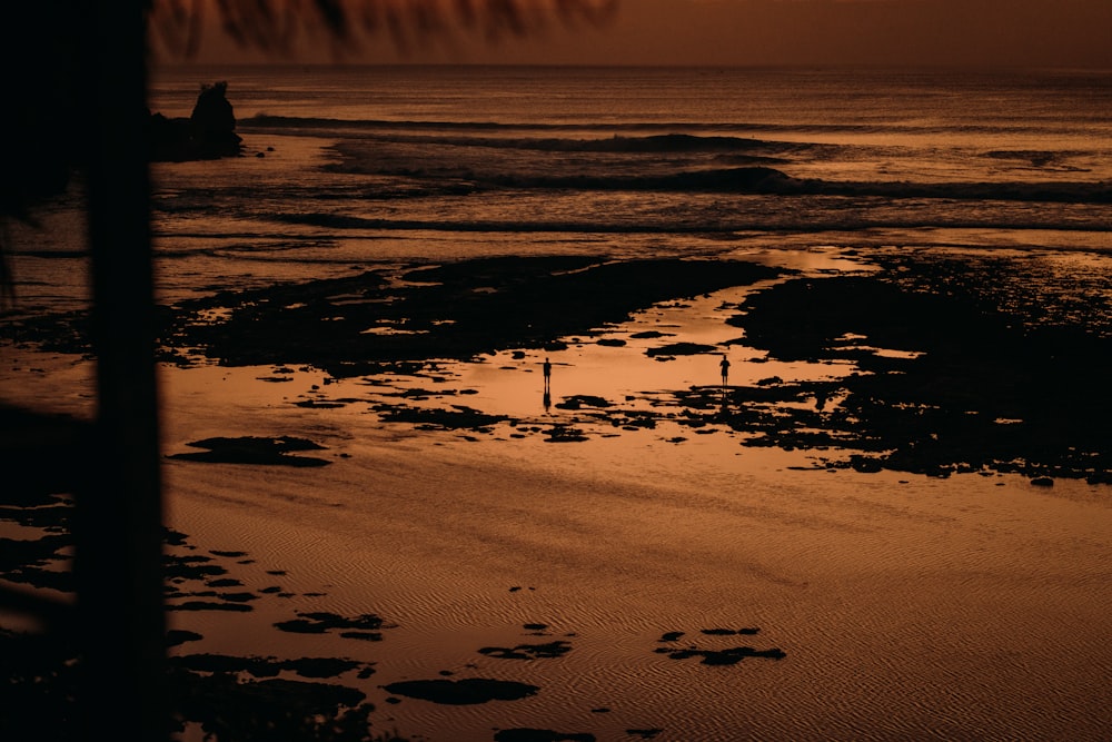 the sun is setting over the ocean with low tide